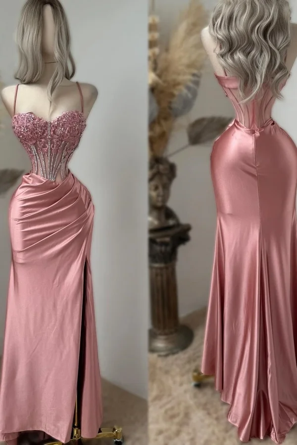 Sweetheart Exquisite Spaghetti-Straps Embroidery Split Evening Dress ZT0375