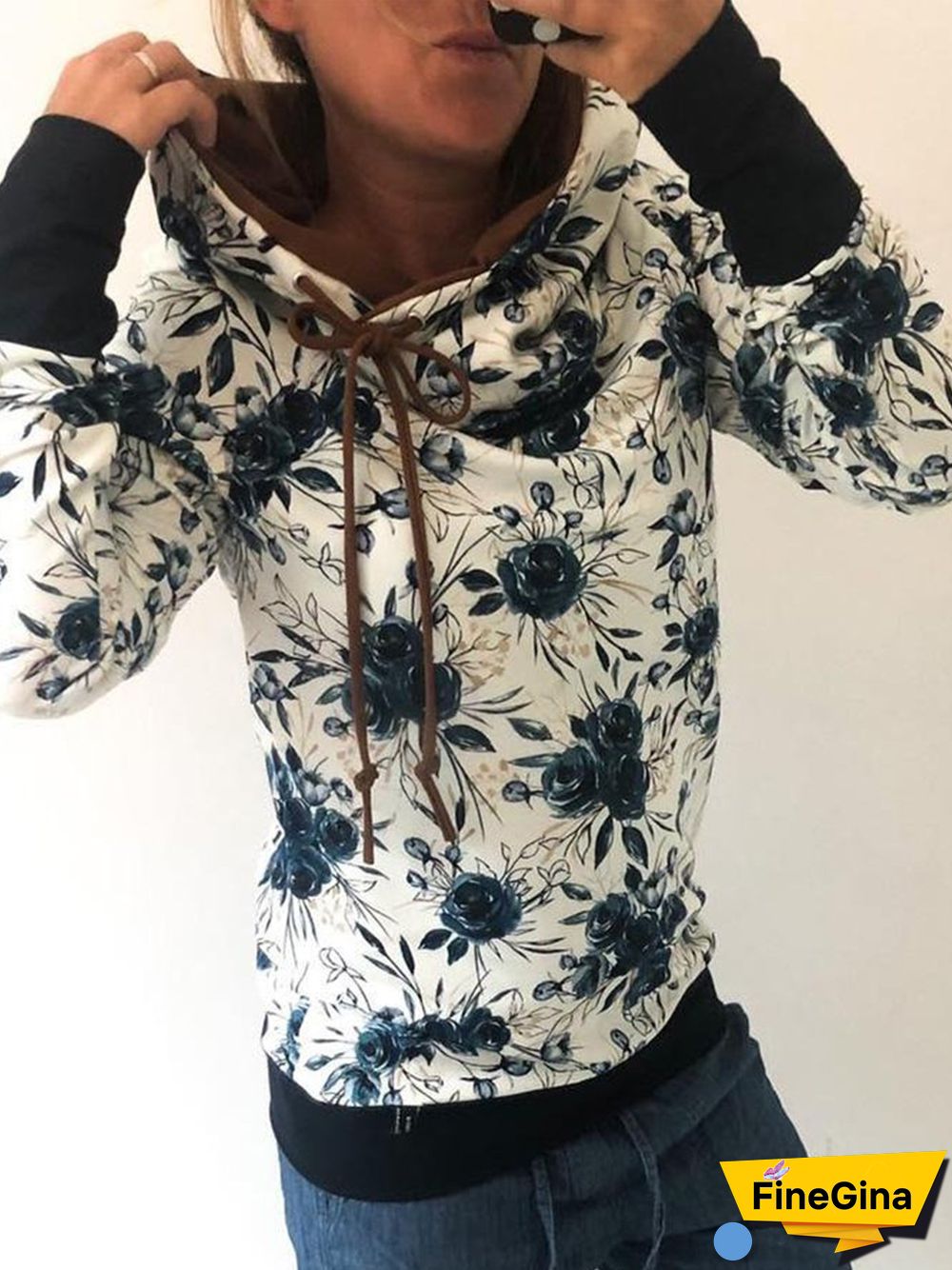 Vintage Floral Printed Paneled Hoodie Color-Block Long Sleeve Plus Size Casual Sweatshirts
