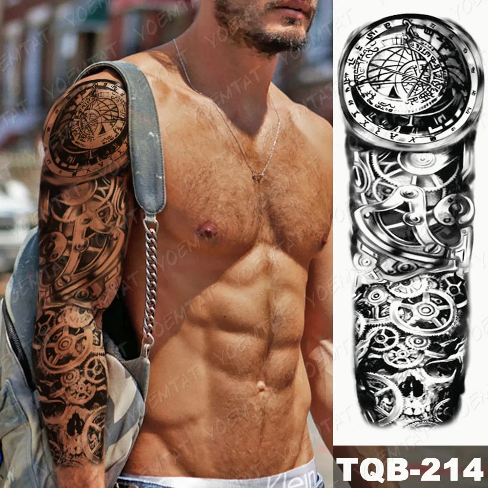 Large Arm Sleeve Tattoo Lion Cross Prayer Waterproof Temporary Tatto Sticker Tiger Beach Compass Body Art Full Fake Tatoo Men