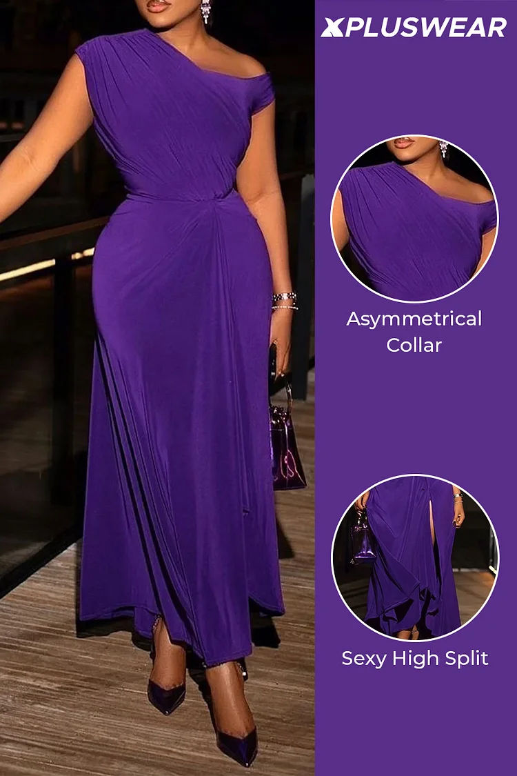 Plus Size Party Purple Asymmetrical Collar Maxi Dresses