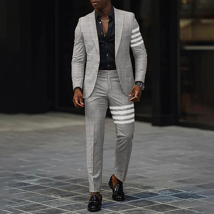 Men's Casual Striped Pattern Lapel Collar Blazer & Pants 2Pcs Set