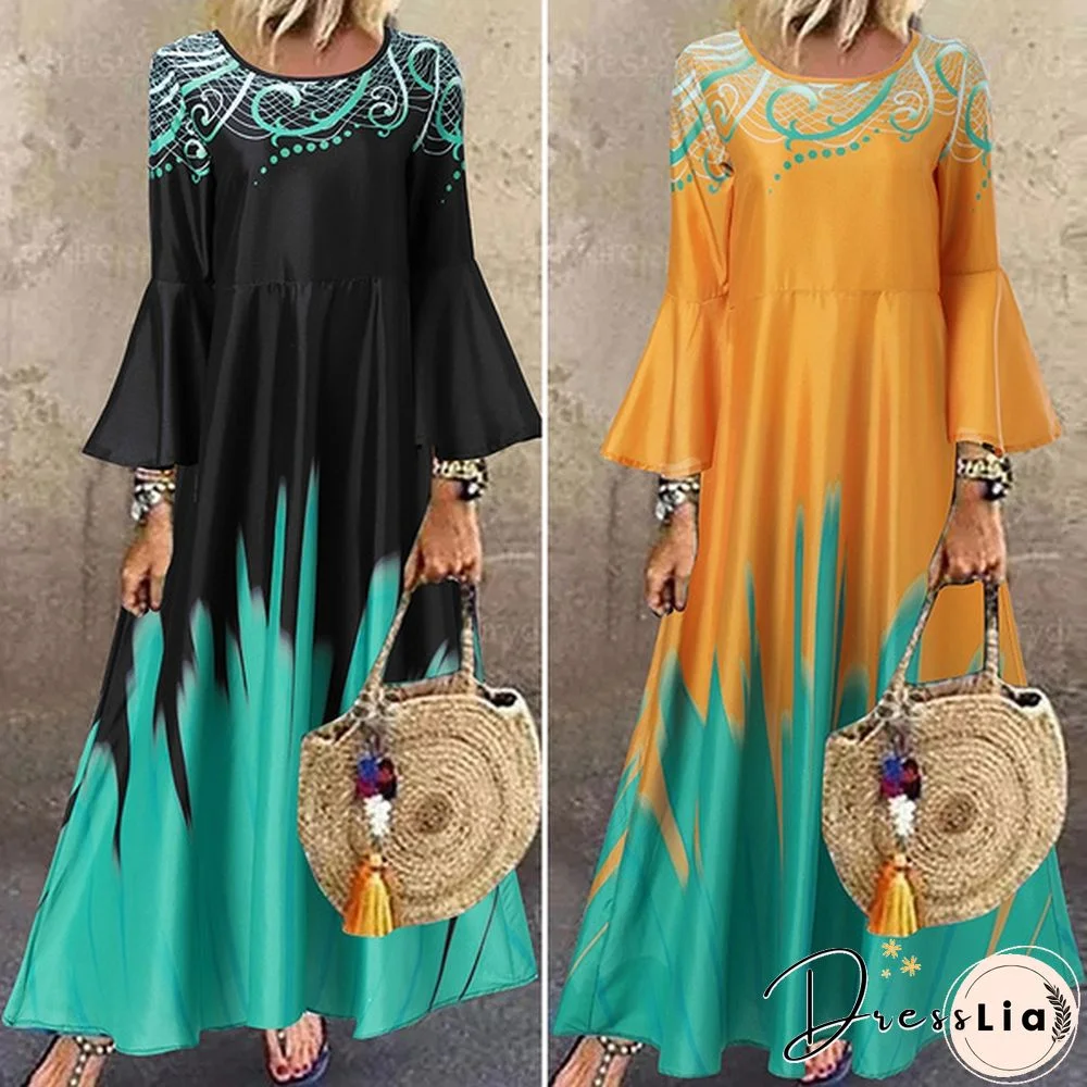 Women Kaftan Party Color Printed Long Shirt Dress Casual Flare Sleeve O Neck Slim Maxi Sundress