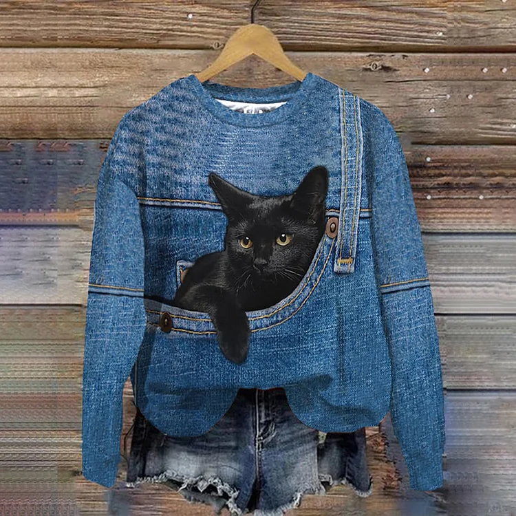 Cute Cat Denim Print Sweatshirt