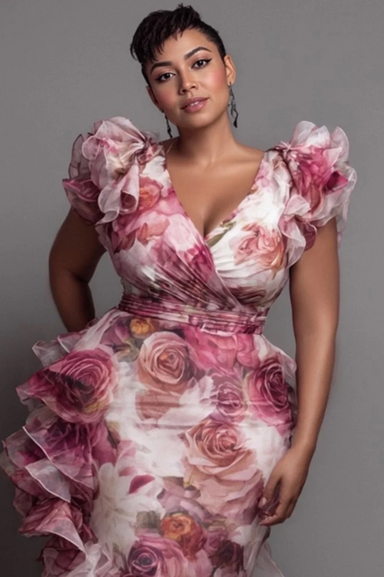 Xpluswear Design Plus Size Wedding Guest Pink Floral V Neck Bodycon Elegant Ruffle Midi Dresses [Pre-Order]