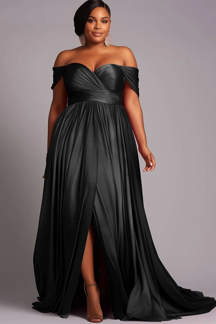 Xpluswear Design Plus Size Formal Black Off The Shoulder Cap Sleeve Split Crinkle Chest Satin Maxi Dresses 2024 - Xpluswear