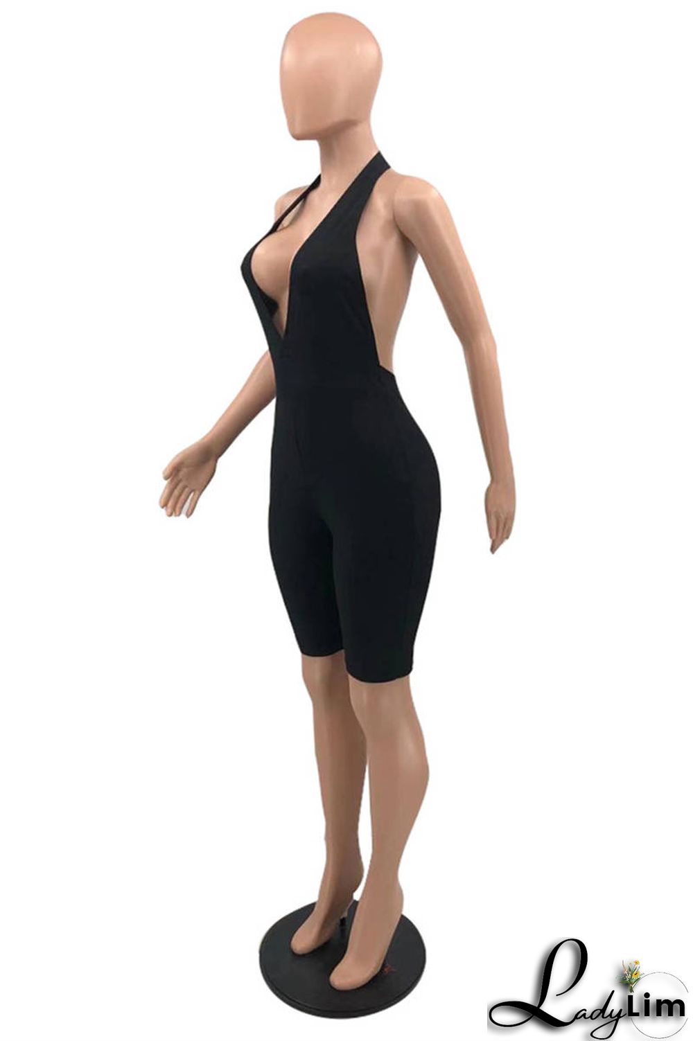 Blue Sexy Casual Solid Backless Halter Skinny Romper