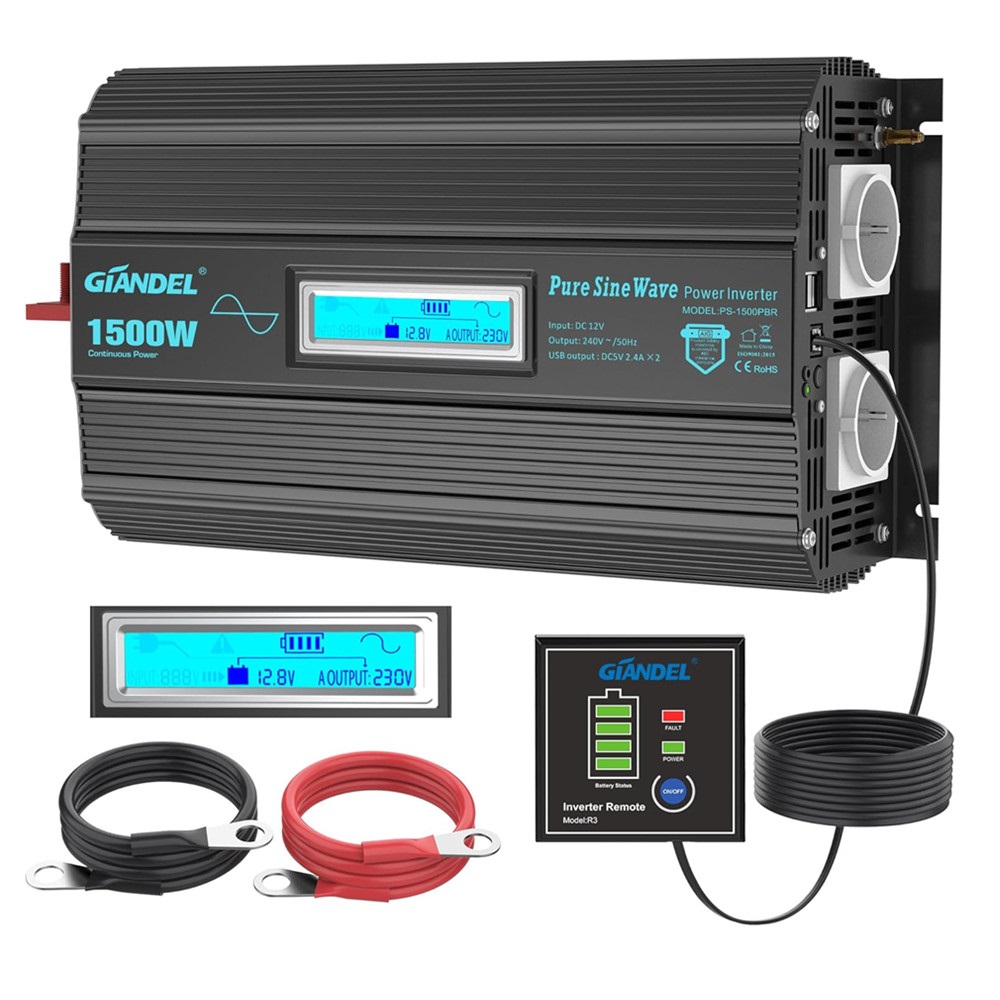 1500W Reiner Sinus Wechselrichter Spannungswandler 12V auf 240V Bildschirm LCD