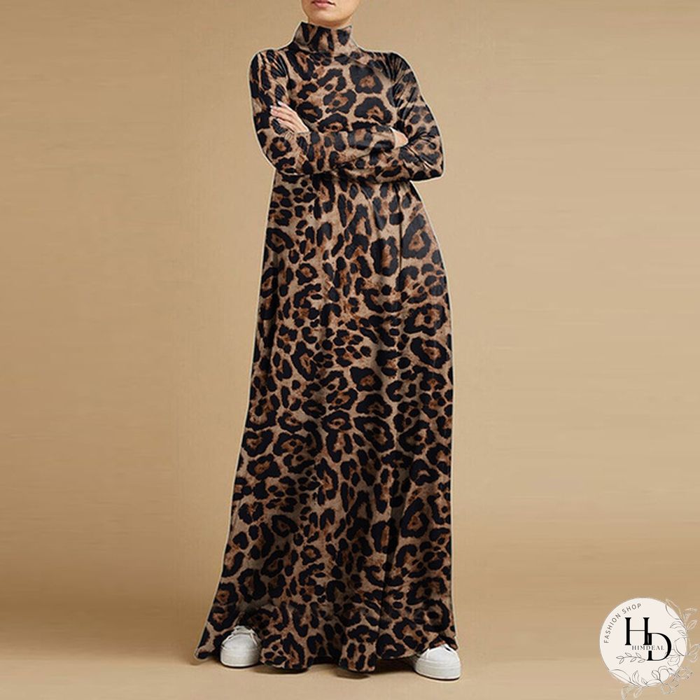 Women Holiday Leopard Print Long Sleeve Dress Ladies Baggy Long Maxi Shirt Dress