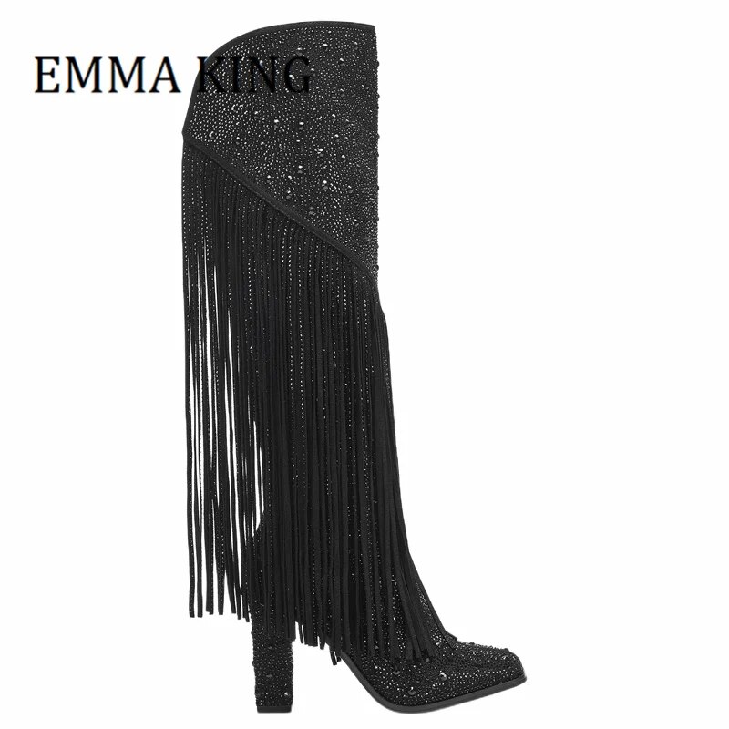 VCSHOES Women Crystal-embellished Knee High Booties Ladies Pointed Toe Rhinestone Western Fringe Boots Female Catwalk Botines De Mujer
