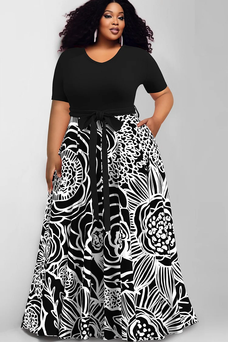 Xpluswear Design Plus Size Casual Black Floral Print V Neck Short Sleeve Pocket Wrap Maxi Dresses [Pre-Order]