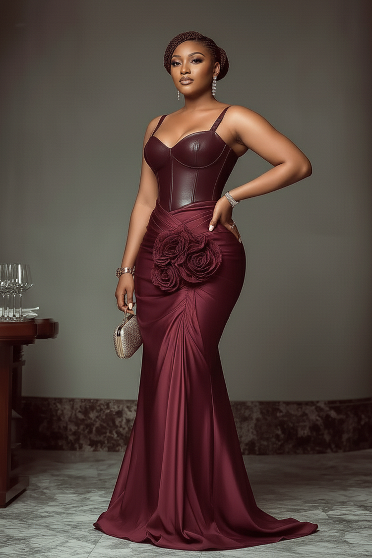 PU Leather Contrast 3D Flower Wrapped Party Cami Maxi Dresses-Red [Pre Order]