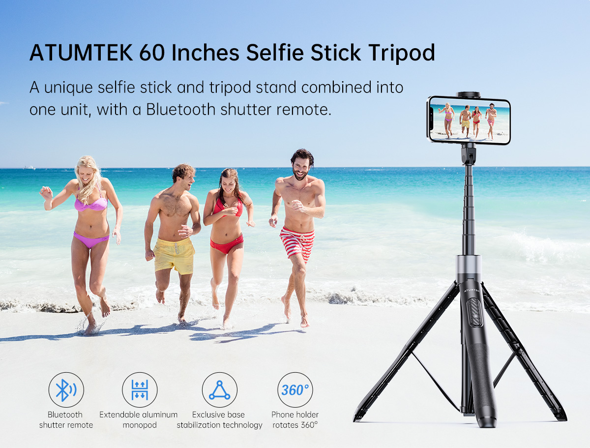 ATUMTEK 60 Selfie Stick Tripod, Premium Plus Phone Tripod Stand, All in  One Extendable monopod tripod combo with Bluetooth Remote 360° Rotation for  iPhone and Android Phone Selfies, Video Recording, Vlogging, Live Streaming