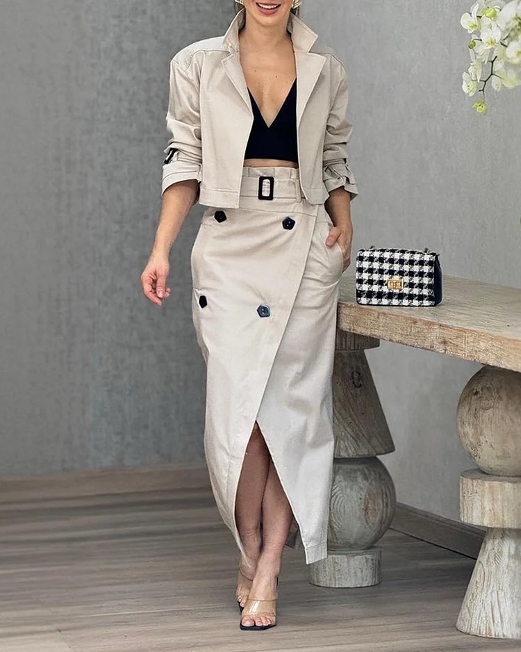 Lapel long sleeve solid color two piece suit