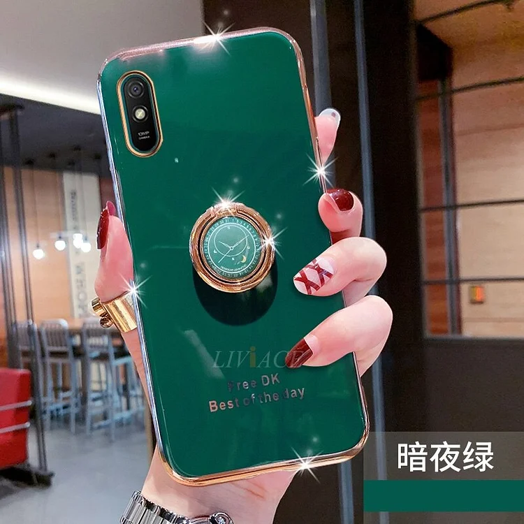 Ring Holder Soft Silicone Phone Case On For Xiaomi Redmi 9A 9AT Redmi9A Stand Luxury Plating Gold Bumper Back Cover Funda Shell