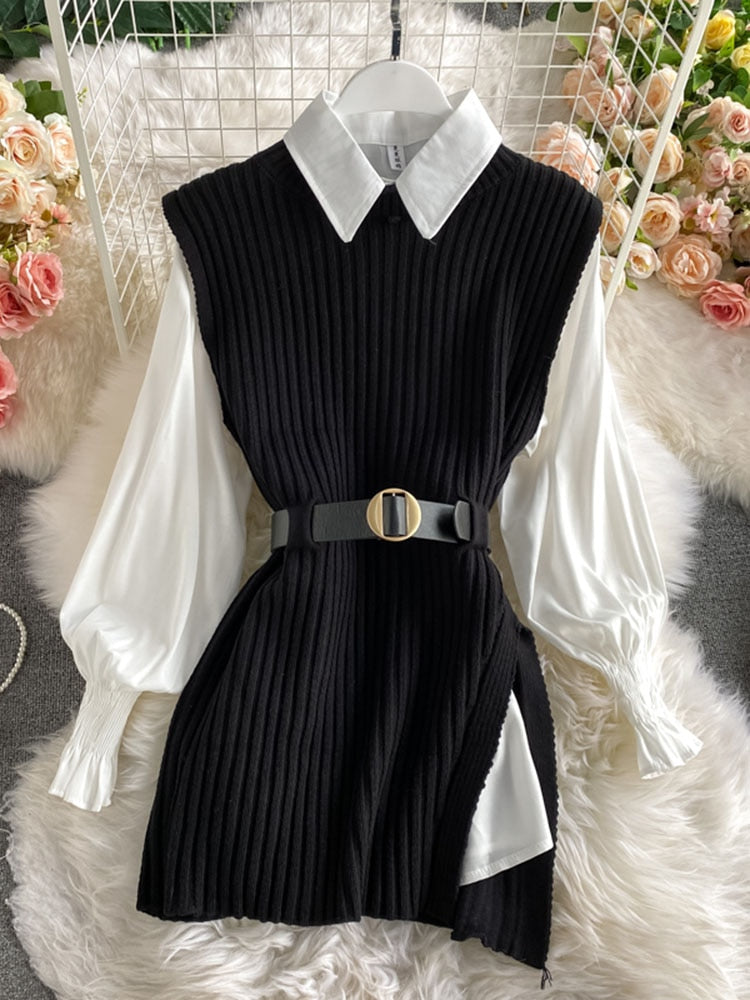spring autumn women's lantern sleeve shirt knitted vest two piece sets ...