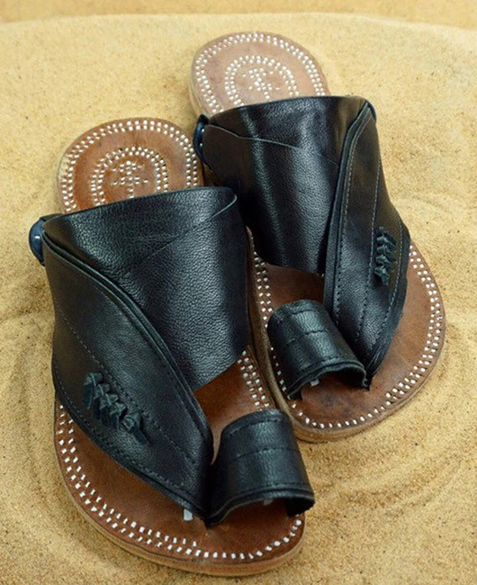 Casual Clip Toe PU Leather Flat Solid Slippers