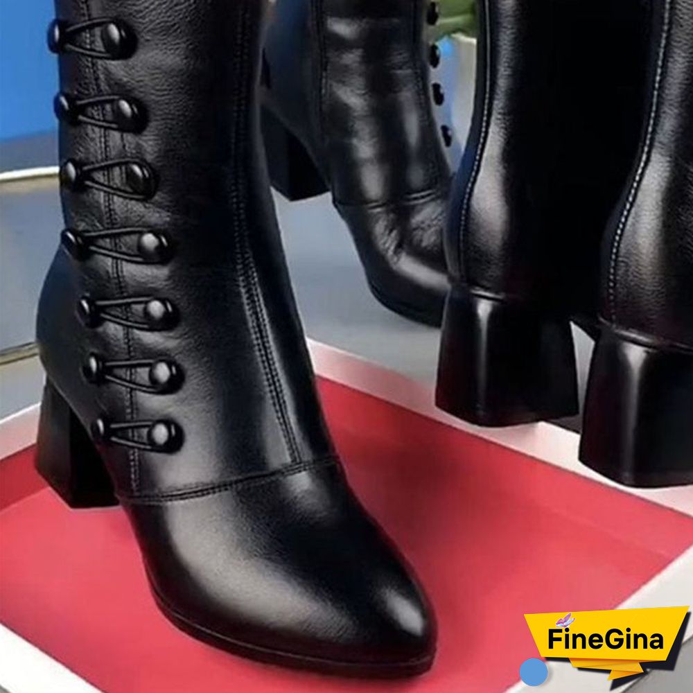 Button Design Black Chunky Heel Ankle Boots