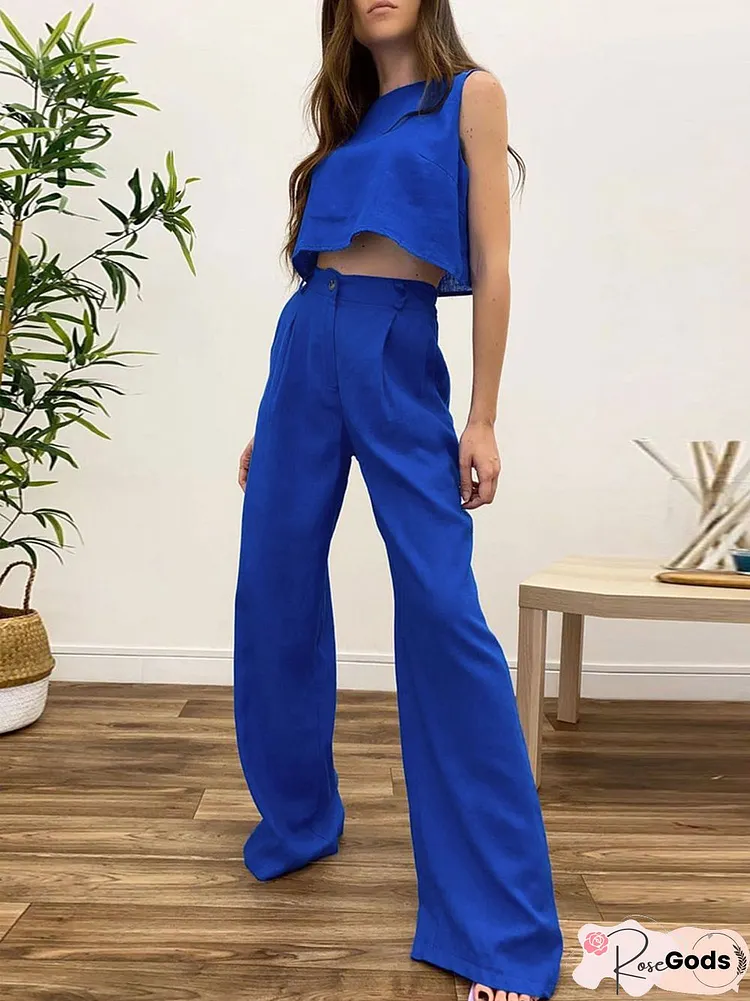 Women Summer Long Solid Pants Sports Tracksuit Casual Sleeveless Round Neck Vest Top + High Waist Wide Legs Trouser Suits 2Pc
