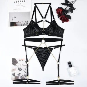 Sexy Pu Leather Strappy Underwire Garter Belt Lingerie Set
