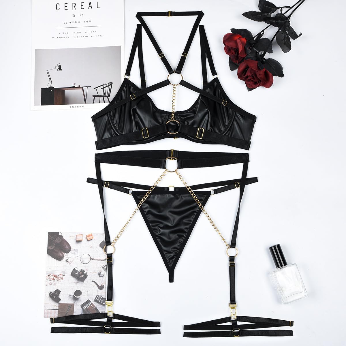 Sexy Pu Leather Strappy Underwire Garter Belt Lingerie Set