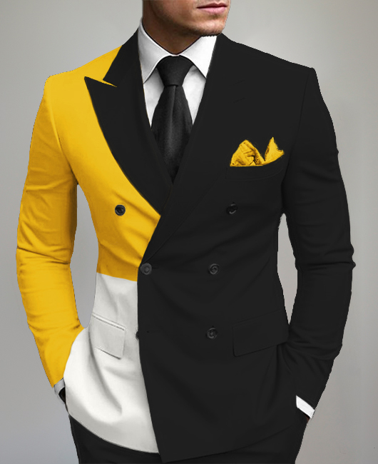 Business Contrast Color Patchwork Peak Lapel Double-breasted Blazer