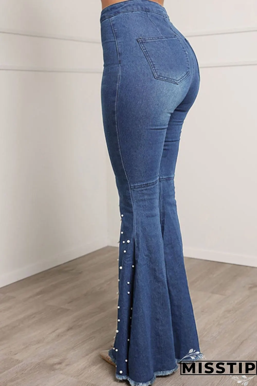 Blue Casual Street Solid Patchwork Beading High Waist Boot Cut Denim Jeans