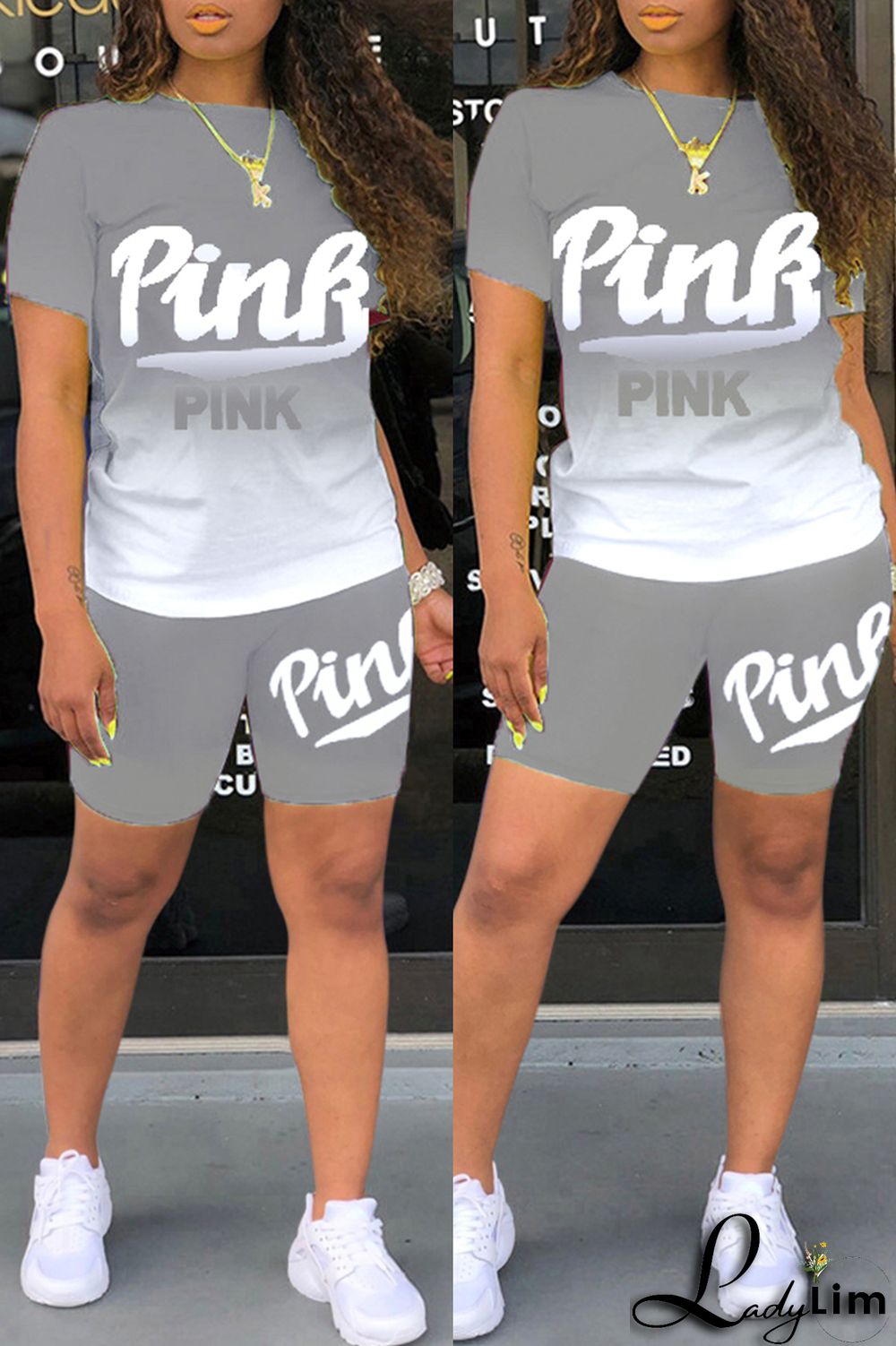 Green Fashion Casual Gradual Change Letter Print Basic O Neck Short Sleeve Two Pieces