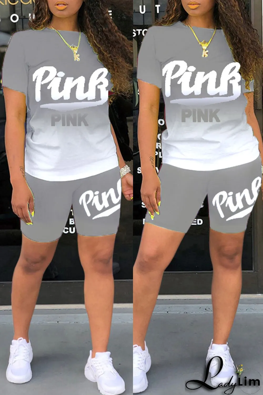 Green Fashion Casual Gradual Change Letter Print Basic O Neck Short Sleeve Two Pieces