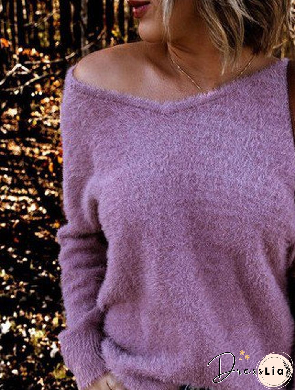 Purple Cotton-Blend Long Sleeve Casual Sweater