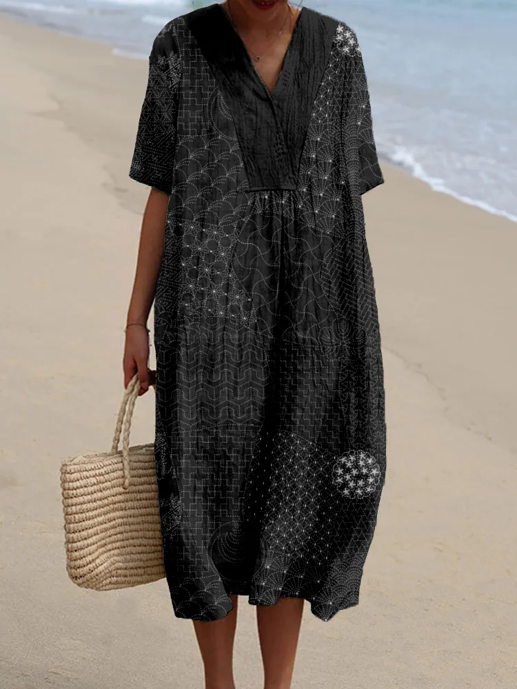 Japanese Traditional Sashiko Art Linen Blend Midi Dress