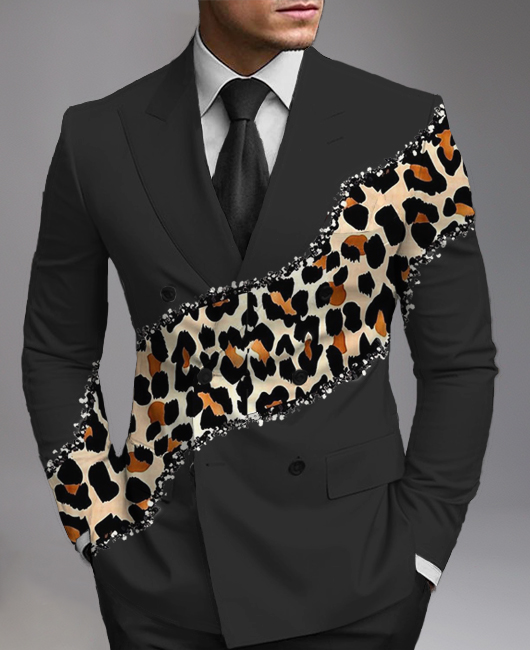 Business Peaked Lapel Sparkly Leopard Print Double Breasted Blazer