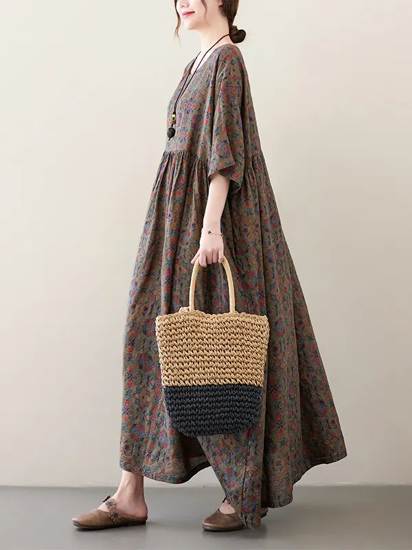 Artistic Retro Loose Color-Block Pleated Round-Neck Half Sleeves Midi Dress