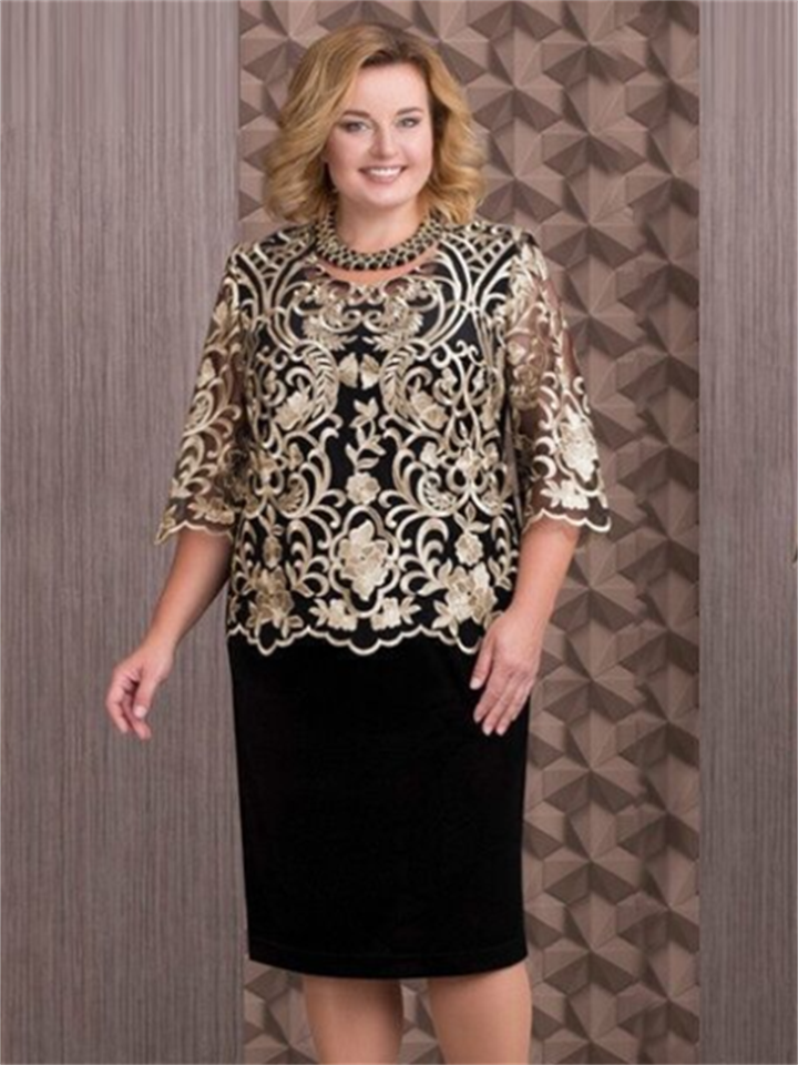 Women's Plus Size Party Dress Floral Crew Neck Lace 3/4 Length Sleeve Winter Fall Elegant Prom Dress Midi Dress Formal Party Dress