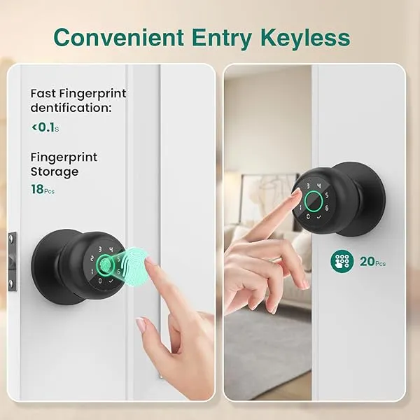 GHome 4 in 1 Smart Fingerprint Door Knob with Keypad Smart Door Lock, Biometric Door Knobs & App Control, Keyless Entry Door Lock Great for Home, Bedroom, Apartment Offices and Garages Black K10PRO