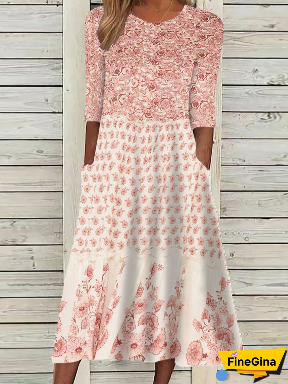 Women's Half Sleeve Scoop Neck Graphic Floral Printed Pockets Midi Dress