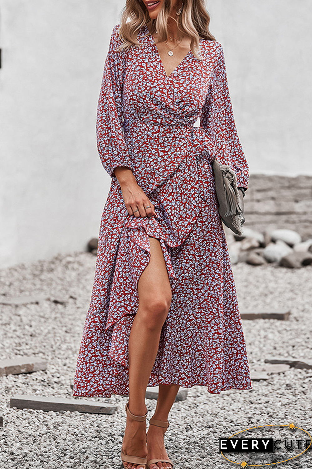 Elegant Floral Flounce Strap Design V Neck A Line Dresses(5 colors)