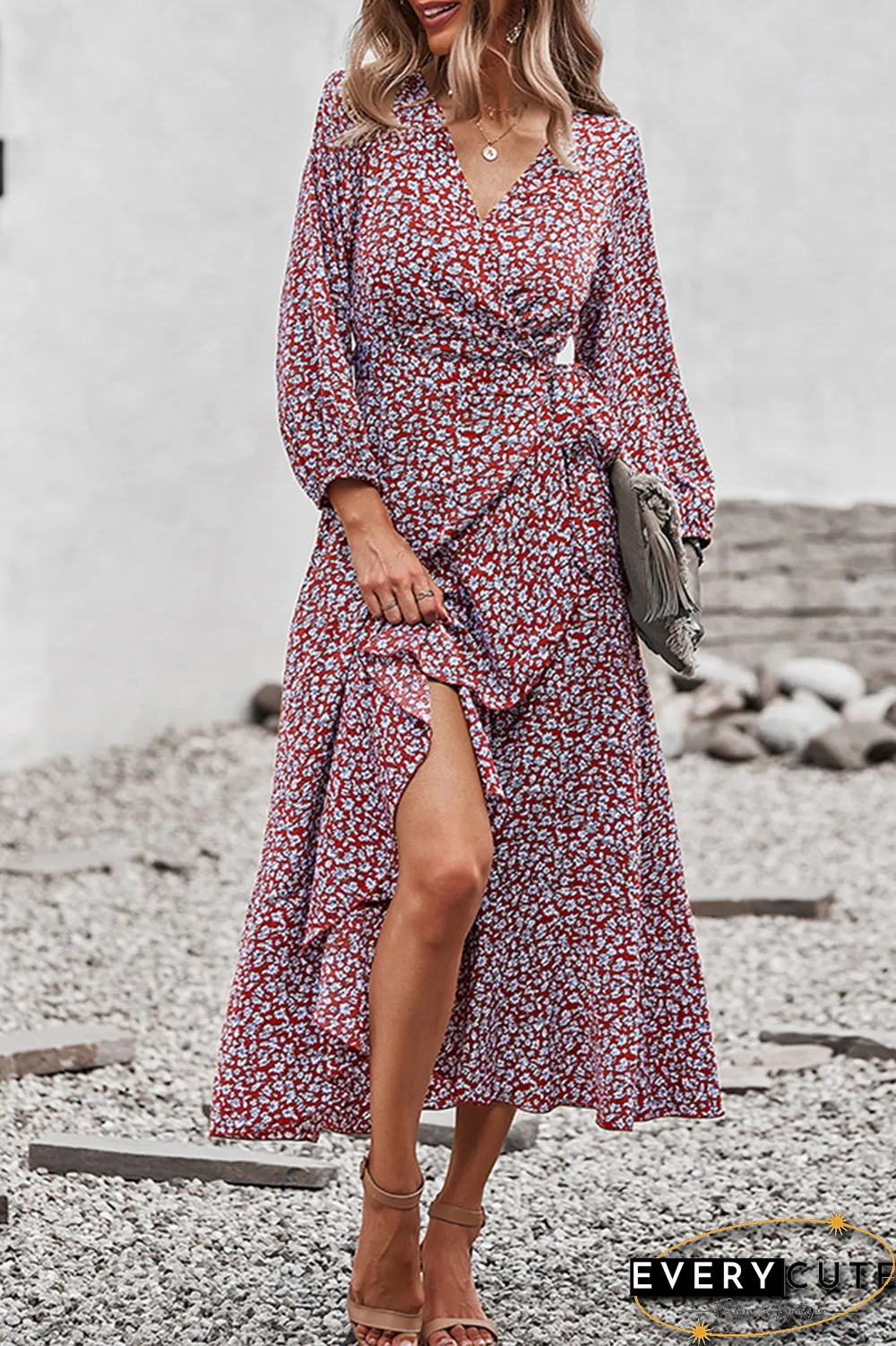 Elegant Floral Flounce Strap Design V Neck A Line Dresses(5 colors)