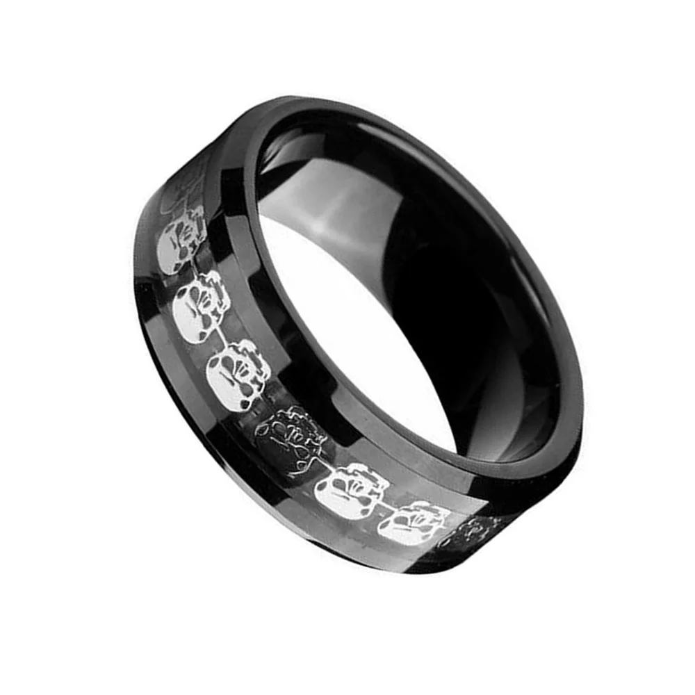 6MM 8MM Black Tungsten Carbide Mens Silver Skull Skeleton Inlay Promise Rings