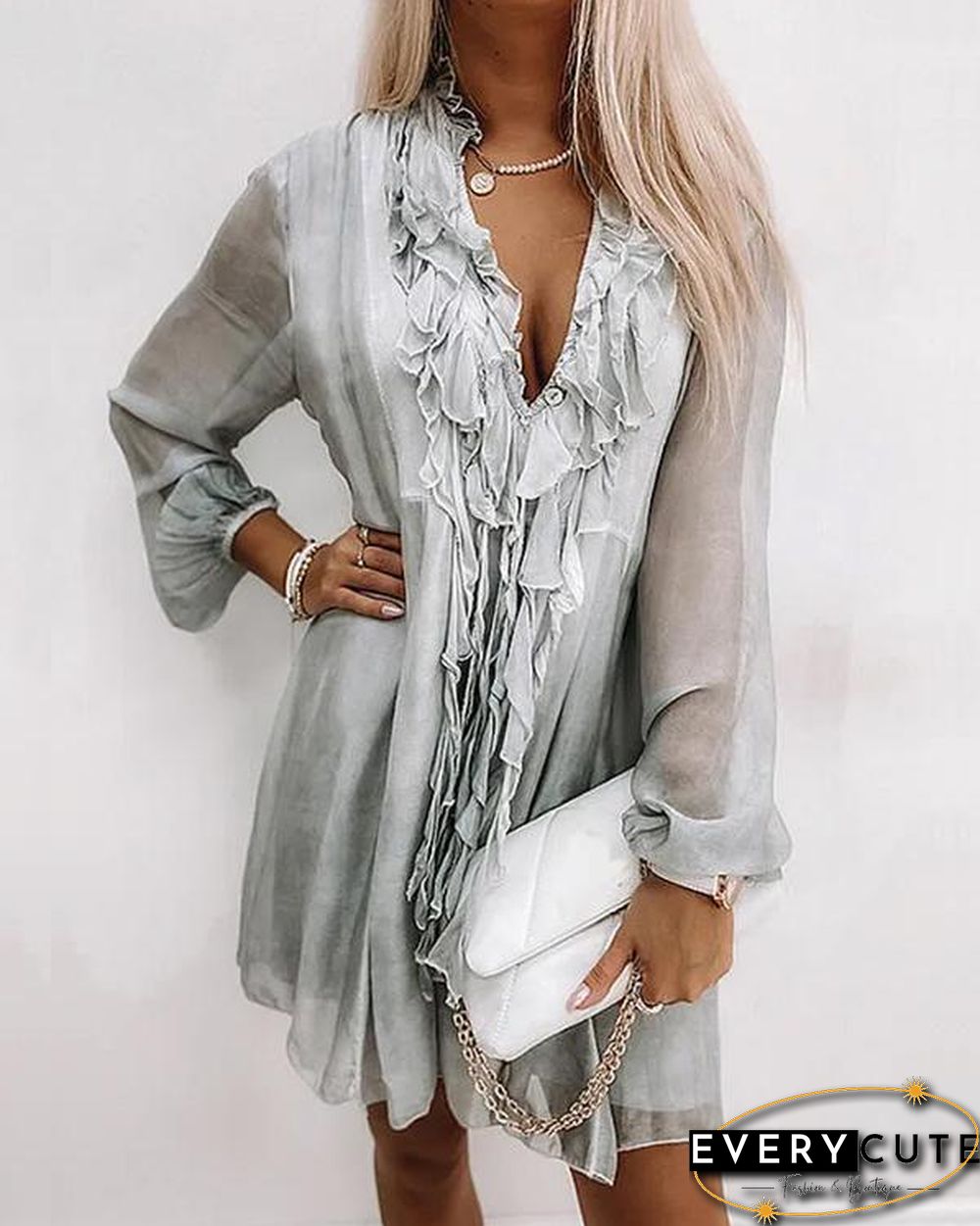 Ruffle Silk Tassel V Neck Chiffon Dress