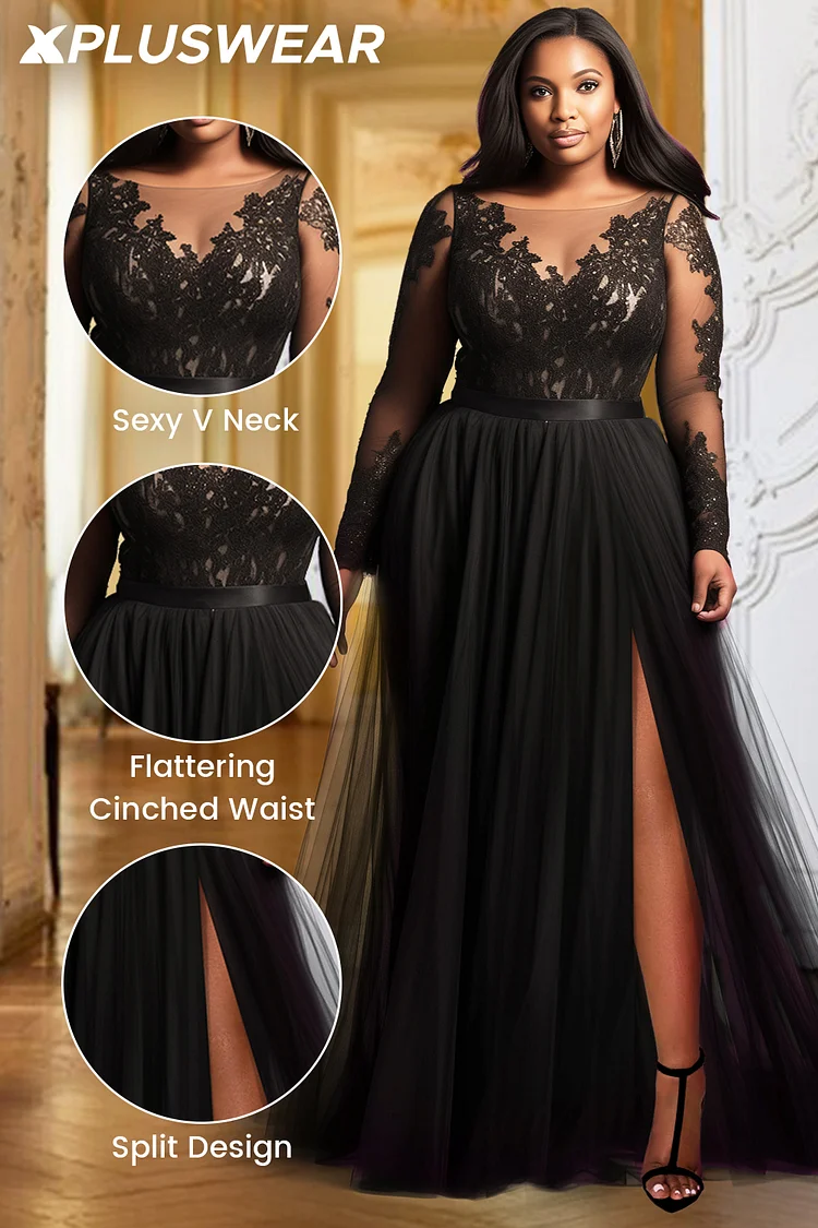 Xpluswear Design Plus Size Formal Black V Neck Long Sleeve Split See Through Tulle Maxi Dresses [Pre-Order]