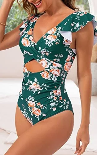 Ruffle Cutout Tummy Control V Neck Wrap One Piece Swimsuit 
