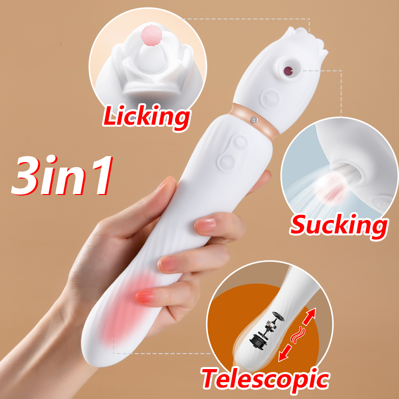 3-in-1 Rose Crown Vibrator Warming Swinging Tongue-licking Sucking Strong Shock Av Stick
