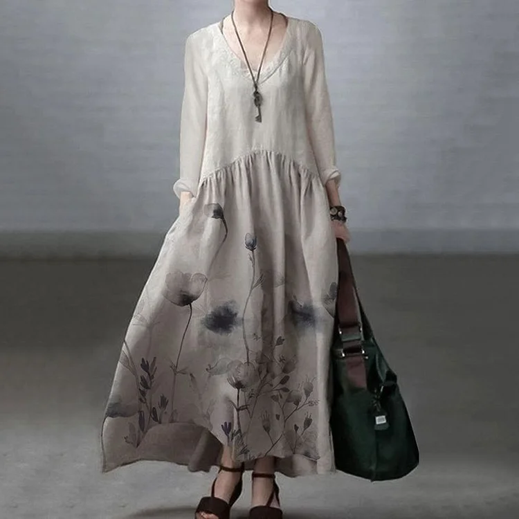 Japanese Art Floral Printed Long Sleeve V-neck Midi Dress