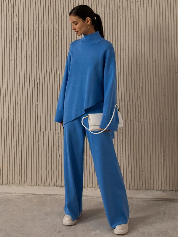 Casual Solid Color Irregularity High-Neck Sweater& Wide Leg Pants Suits