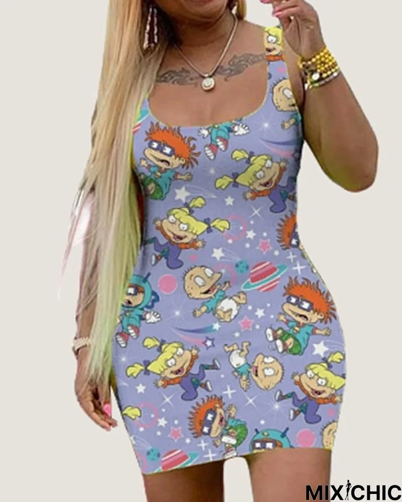 Cartoon Print Square Neck Bodycon Dress