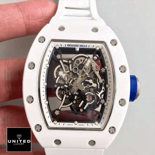 Richard Mille RM55 White Ceramic Black Dial Replica blue crown / push button