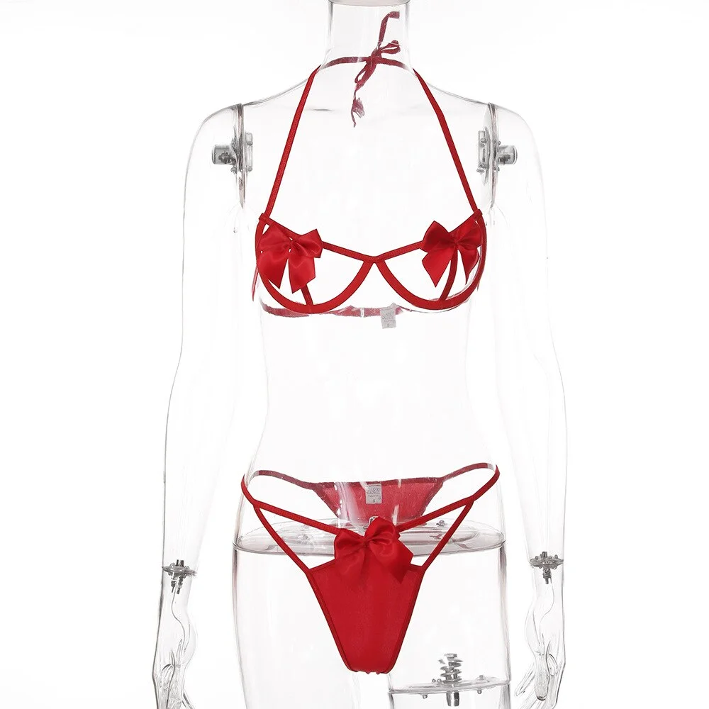 Billionm Women Lace Lingerie Red Bow Knot Transparent Bra and Panty Set Lenceria Para Mujer See Through Femme Ropa Interior 2021 Sexy