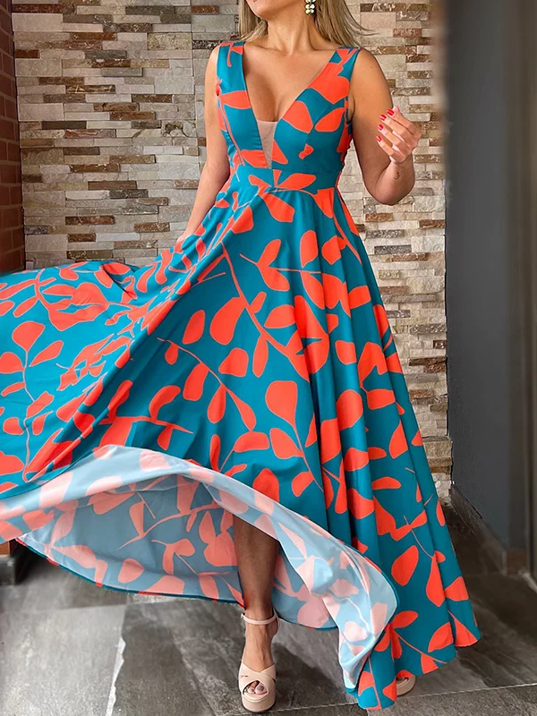 Floral Printed A-Line Empire V-Neck Maxi Dresses