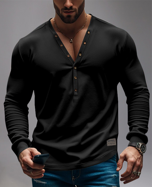 Casual V Neck Buttons Long Sleeve T-Shirt