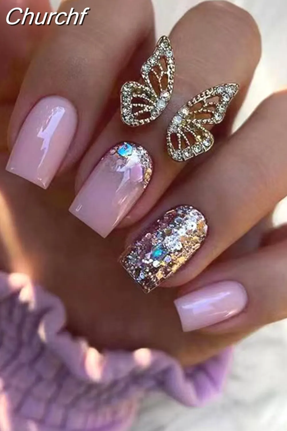 Churchf Nail Full Cover Fake Nail Pink Glitter Wearable French Short Nails Square Head False Nail Press On Nails Manicure Tool 715-1-Nail Inspo